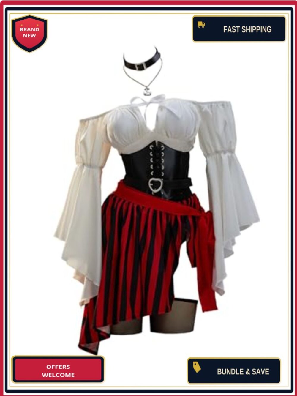 Womens Pirate Costume Sexy Off Shoulder Top Irregular Skirt Corset Eye Mask